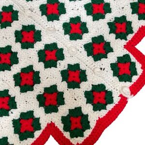 Vintage Handmade Crochet Granny Square Christmas Tree Skirt Red Green White 70d